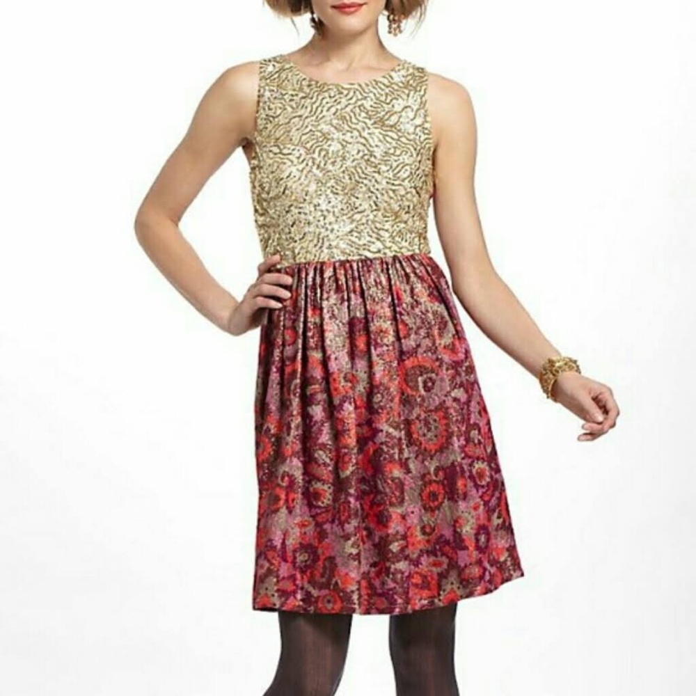 anthropologie wren jacquard gold sequin dress ✨